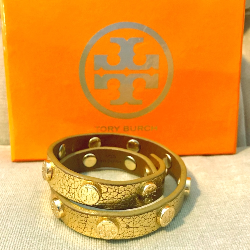Tory Burch Gold Double Wrap Logo Stud Bracelet